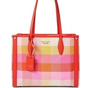 Kate Spade York Market Madras Woven Fabric Tote Pink Multi Gold